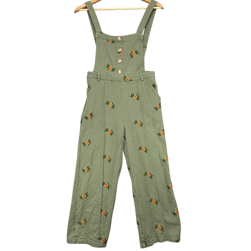 Cider Green Sunflower Embroidered Denim Overall Cropped Leg Jumpsuit Small NEW